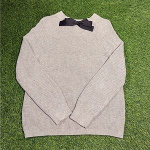 J.Crew Gayle Tie-Neck Sweater Gray Ribbed Knit with Black Bow Size M Preppy